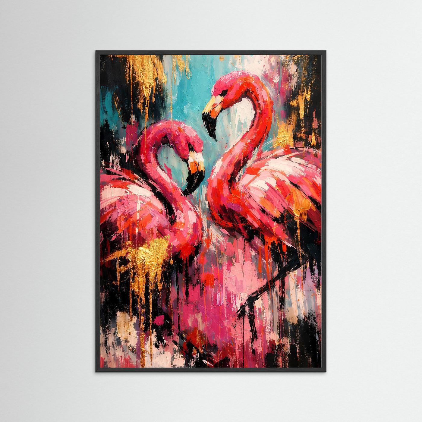 Flamingo-Kunstposter mit zwei rosa Vögeln, abstraktes Farbspiel, schwarzer Rahmen