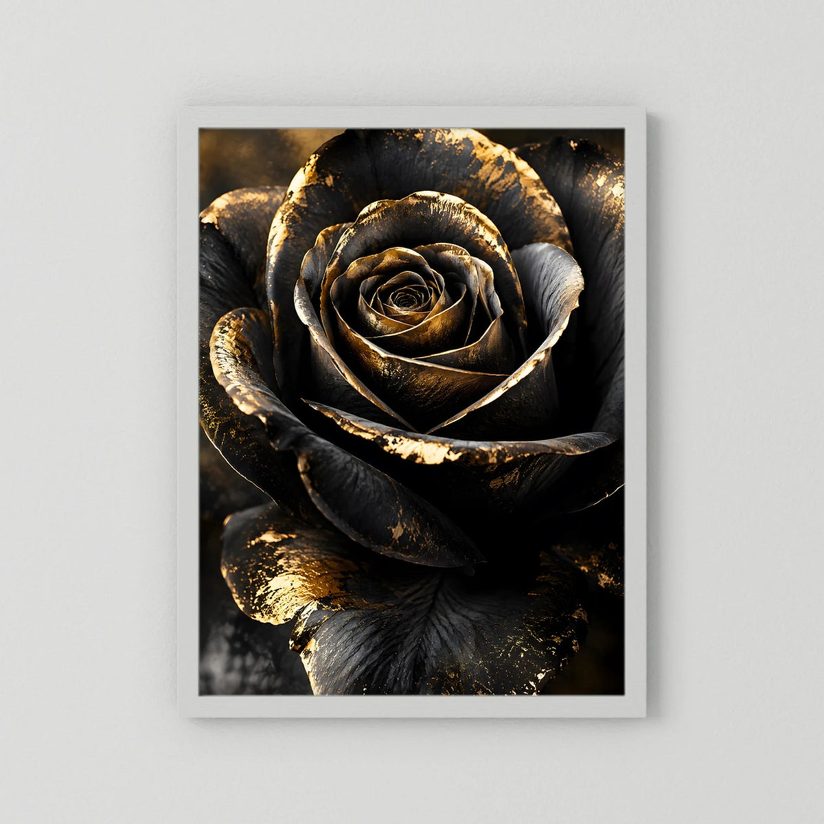 Poster mit schwarzer Rose und goldenen Akzenten im weißen Rahmen