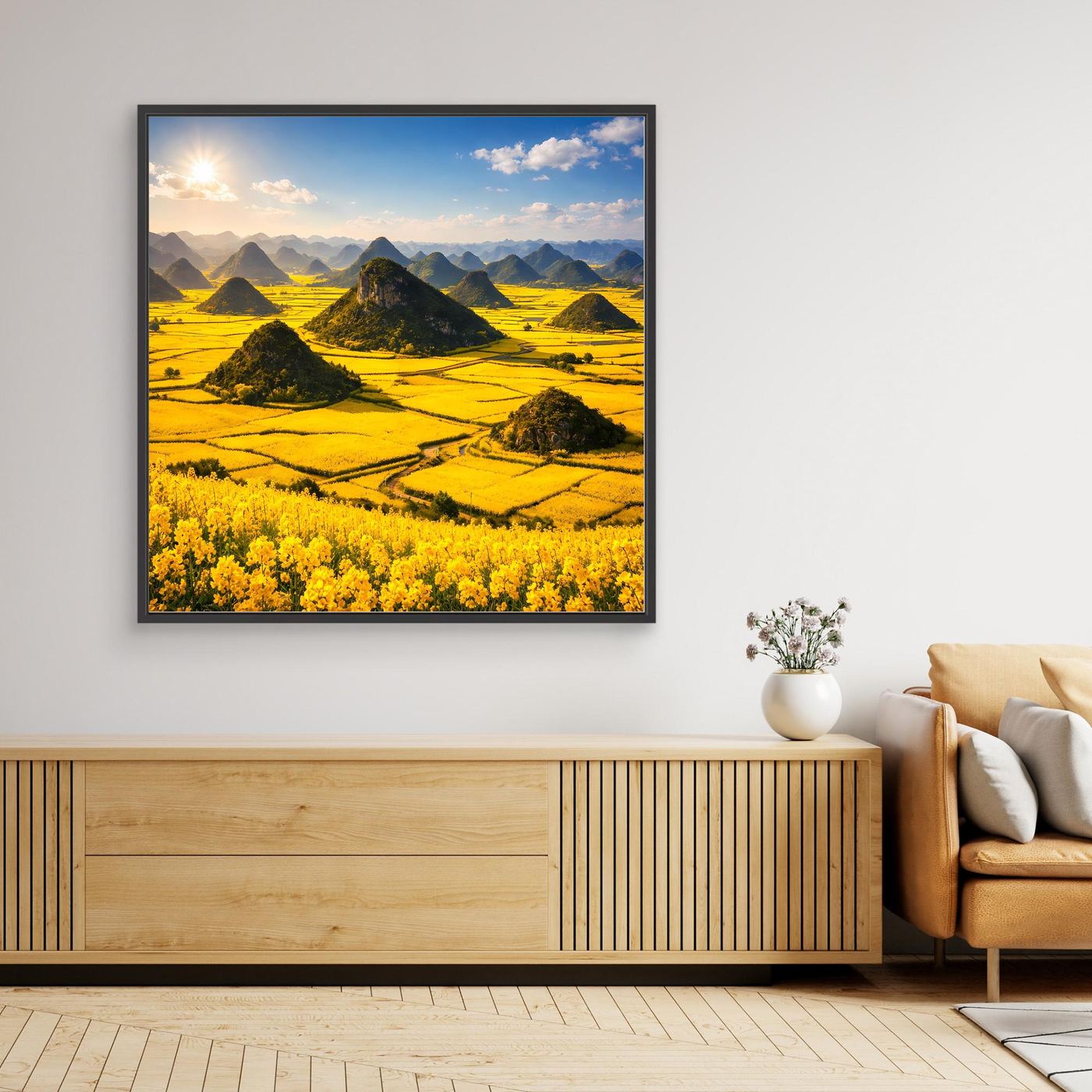 Leinwandbild mit goldenem Rapsfeld und Karstbergen, mit dunklem Rahmen