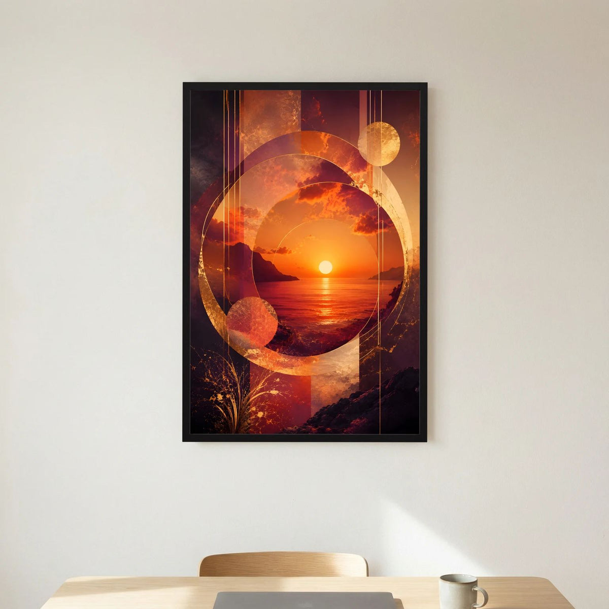Abstraktes Sonnenuntergangs-Poster mit Kreis- und Liniengrafik über Meer, gold-orange, im schwarzen Rahmen