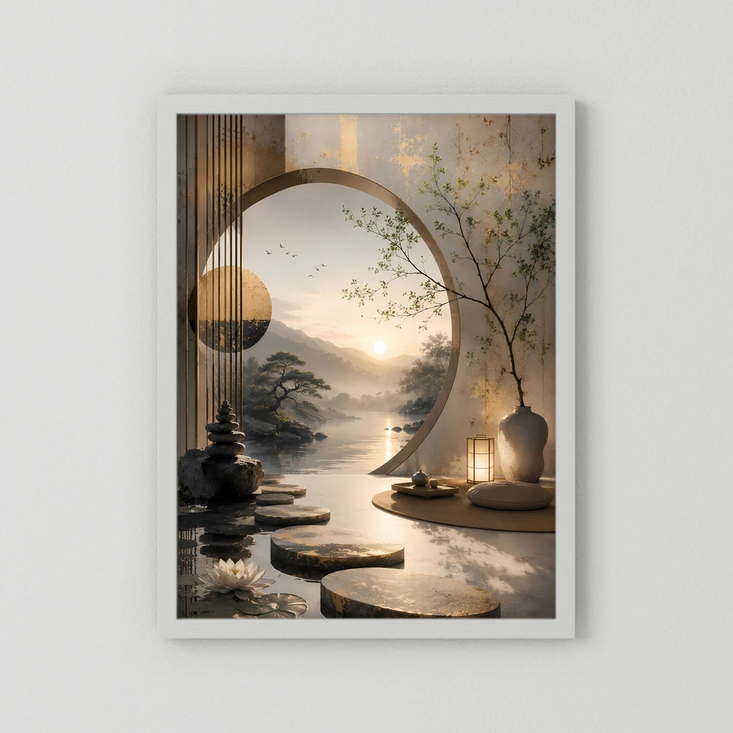 Poster mit weißem Rand: asiatische Landschaft mit goldener Sonne und rundem Bogen