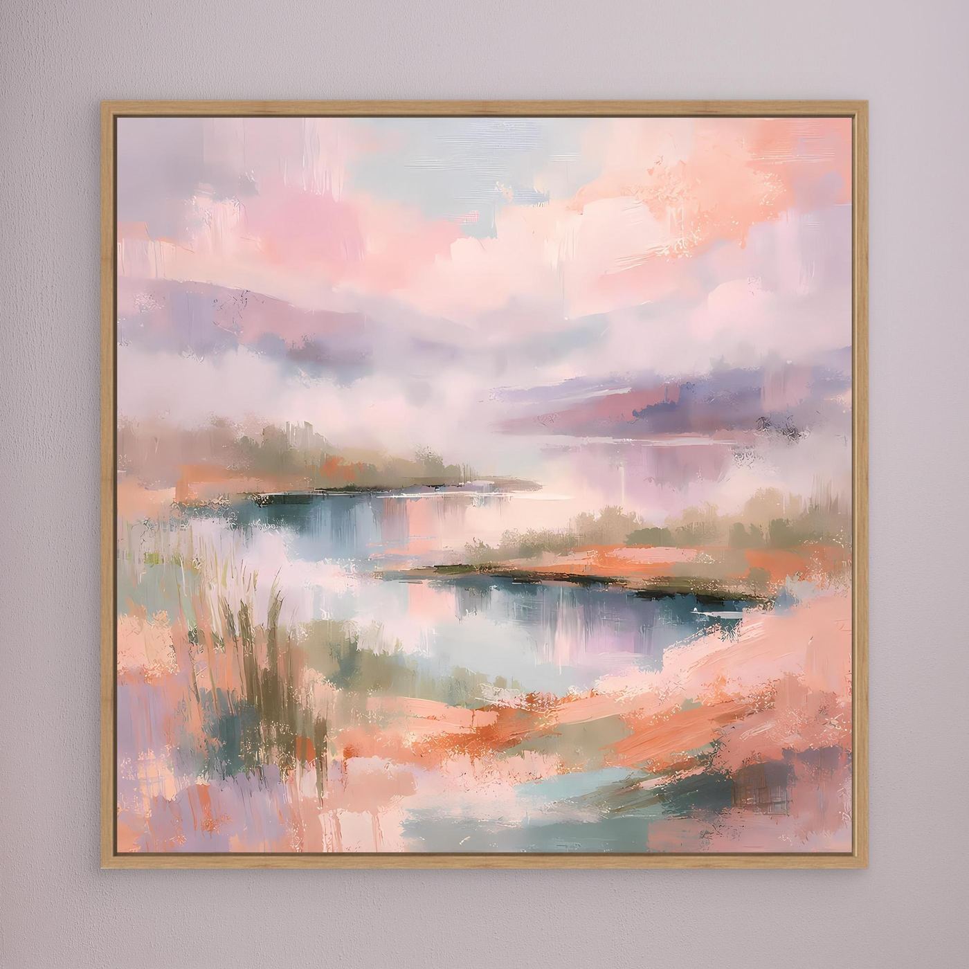 Pastellfarbenes abstraktes Seenlandschaft-Wandbild auf Leinwand, brauner Holzrahmen