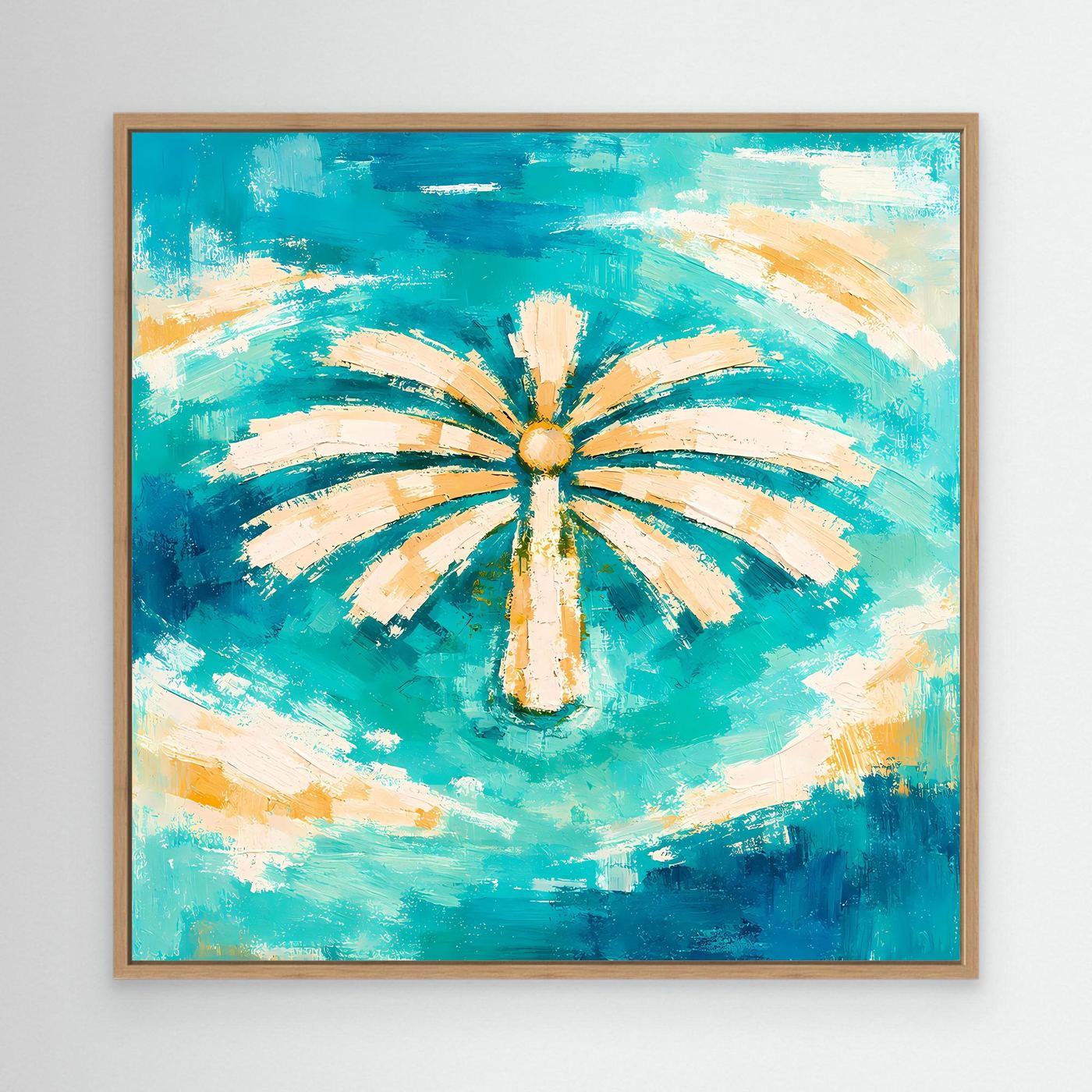 Leinwand Abstrakte Palme im Meer | Modernes Dubai Palmeninsel Wandbild Türkis