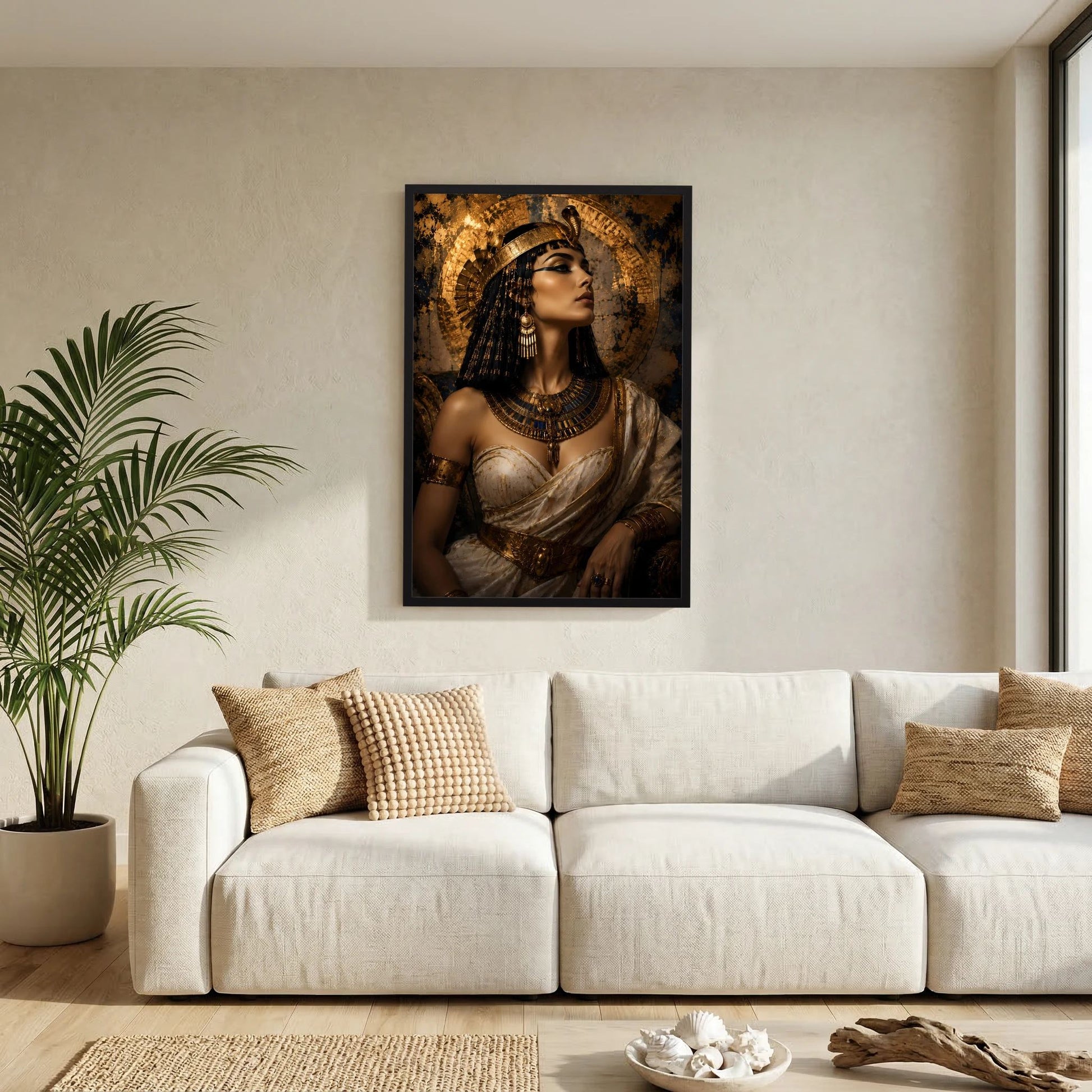 Hochformatiges Cleopatra-Poster im schwarzen Rahmen, Frau mit Zierrat und goldenem Tuch