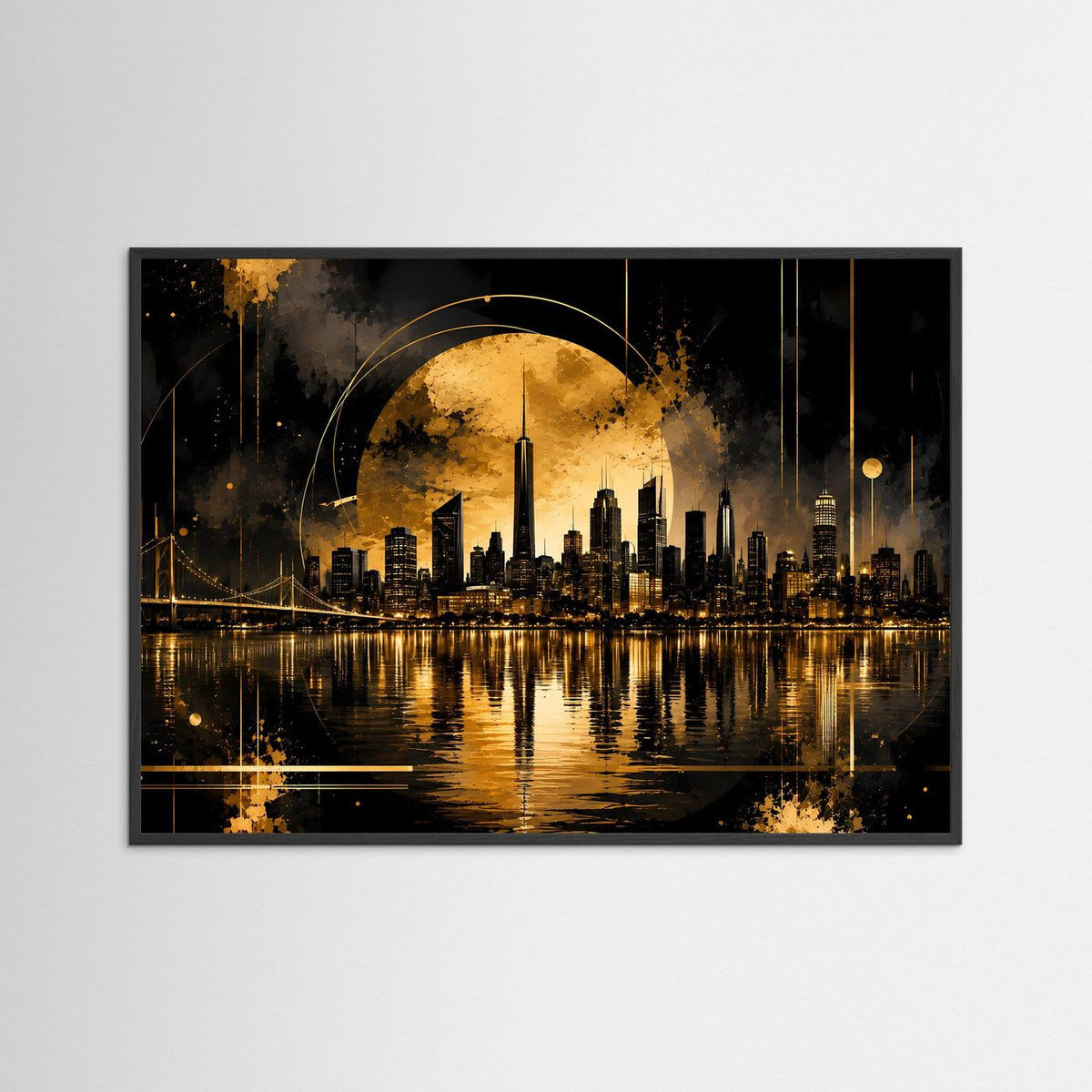 Poster Querformat mit goldener Skyline bei Nacht, Mondsilhouette und Spiegelung