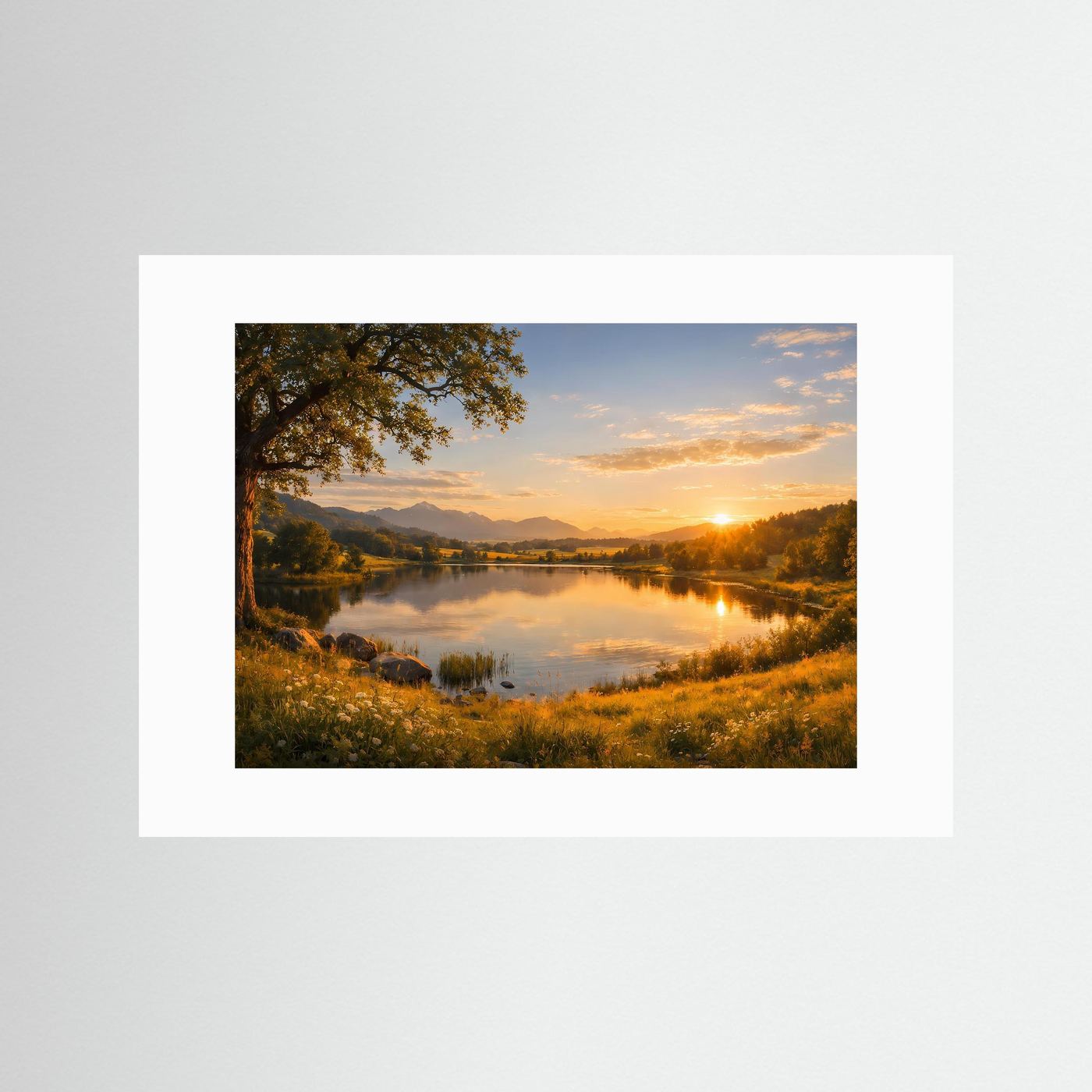Naturposter Querformat mit weißem Passepartout: Seeufer, Baum und goldener Sonnenuntergang