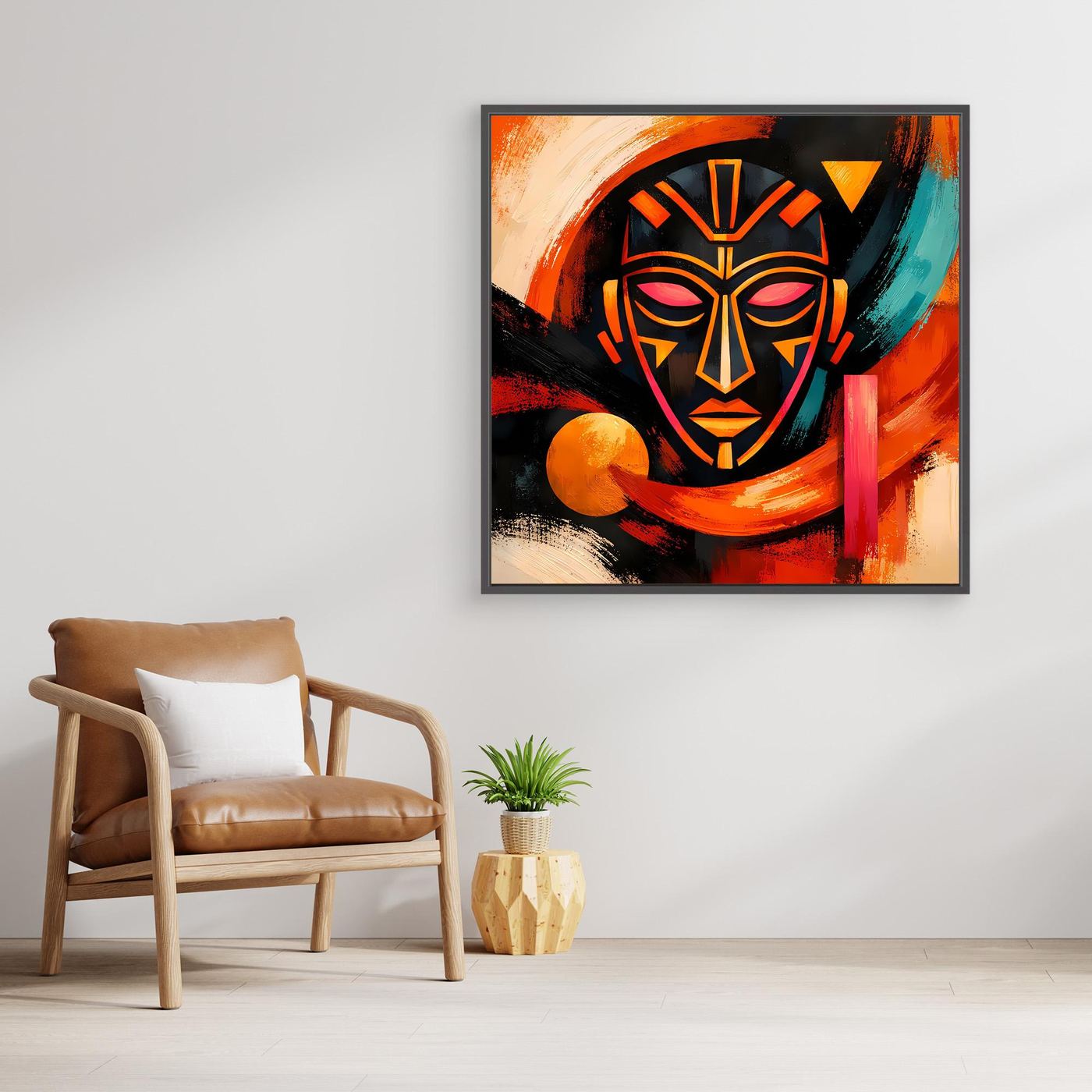 Leinwandbild: abstrakte afrikanische Maske mit orange-roten und türkisfarbenen Pinselstrichen