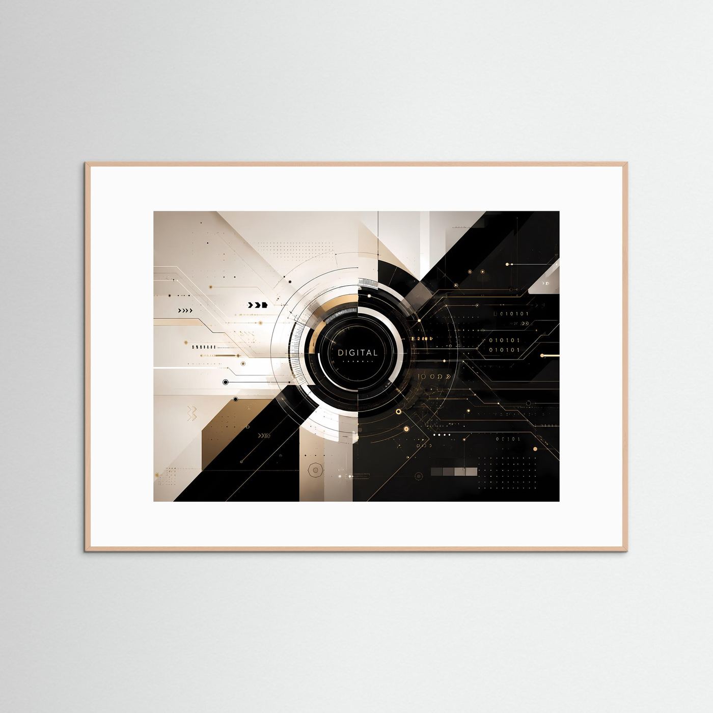 Tech-Poster im Querformat mit hellem braunem Rahmen und abstraktem Digital-Layout in Schwarz und Gold