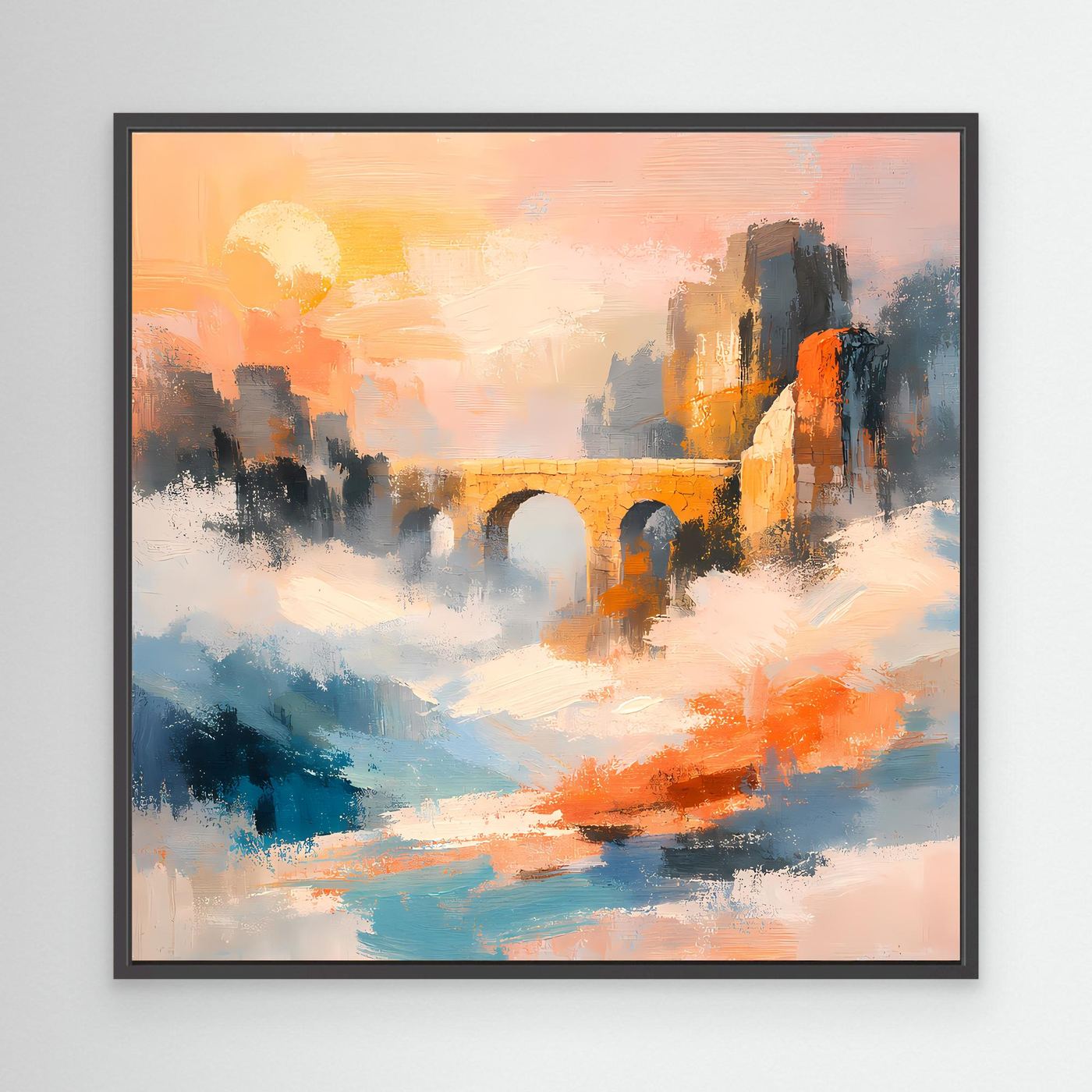 Premium Leinwand Historische Steinbrücke im Nebel | Abstraktes Aquädukt Wandbild im Sonnenaufgang