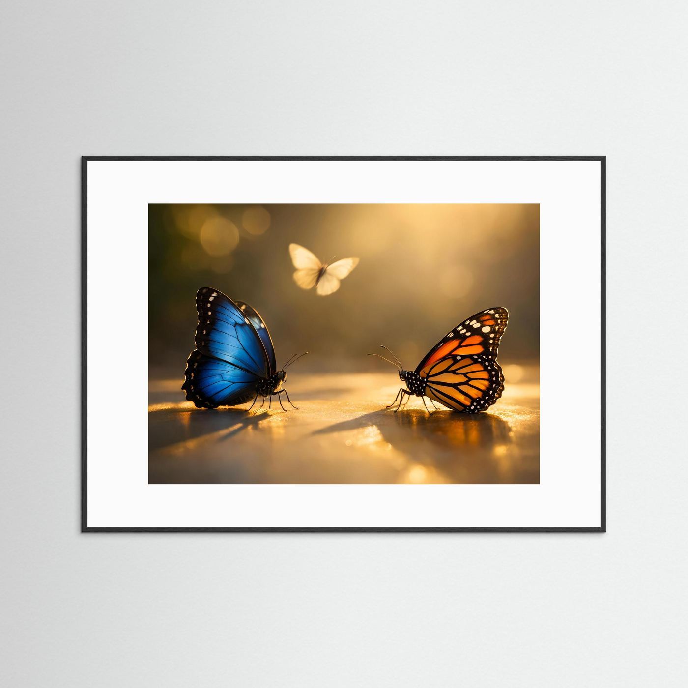 Poster mit Schmetterlingen, blau und orange, Querformat, schwarzer Rahmen