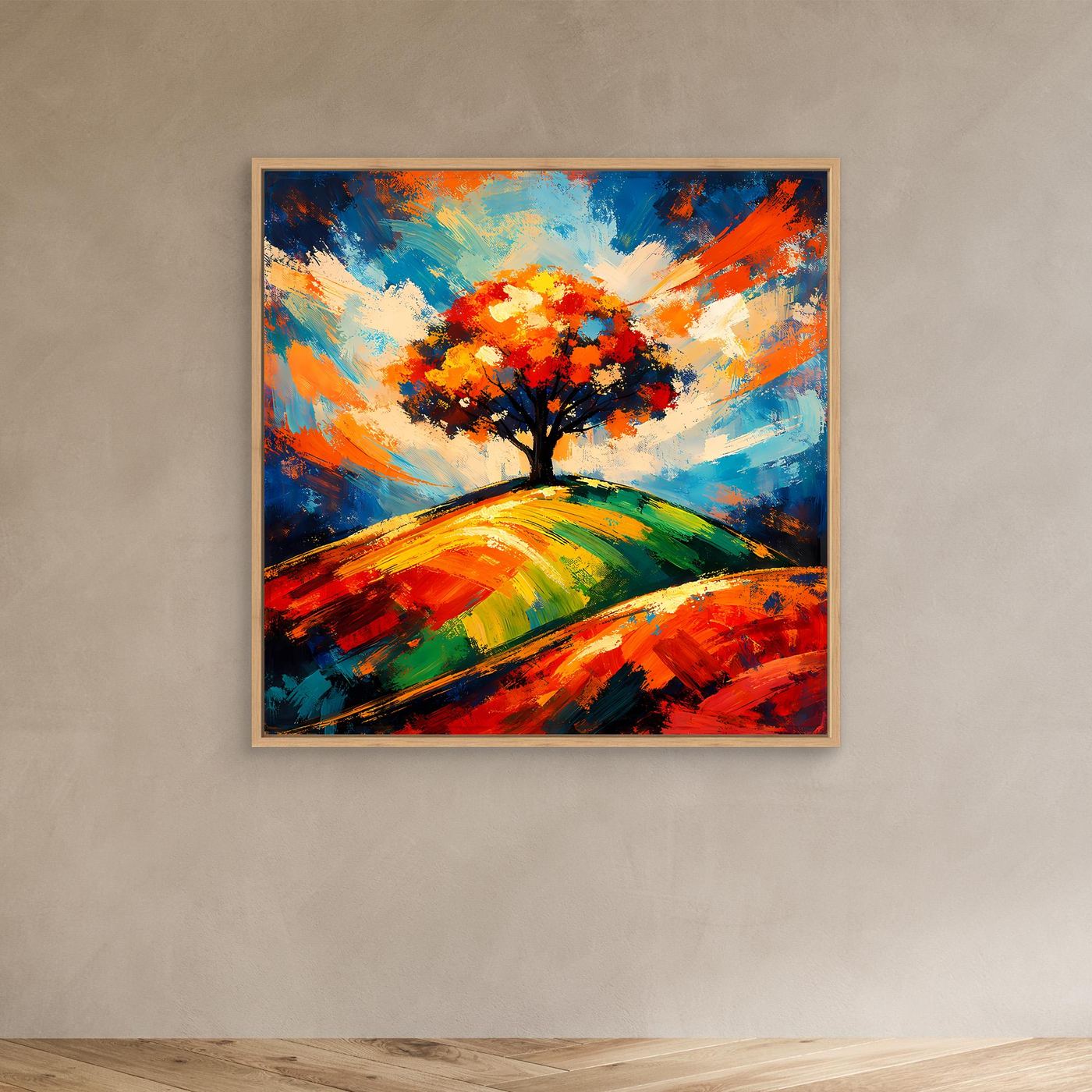Leinwandbild mit abstraktem Baum und Eichenrahmen, orange-gelbe Krone über farbigen Hügeln