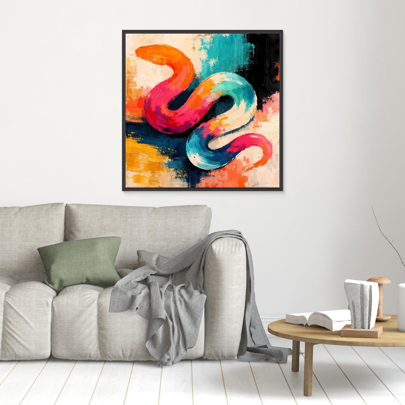 Kleines Leinwandbild mit abstrakter Schlange im Pop-Art-Stil, farbige Pinselstriche, schwarzer Rahmen