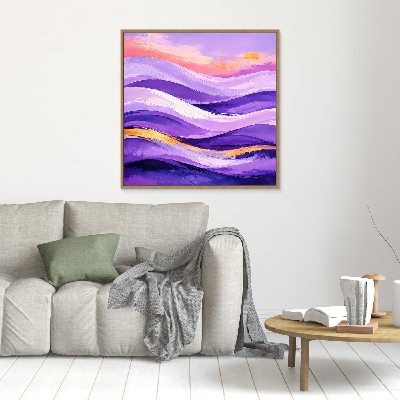 Kleines Leinwandbild mit abstrakten Wellen in Lila, Gold und Rosa im Holzrahmen
