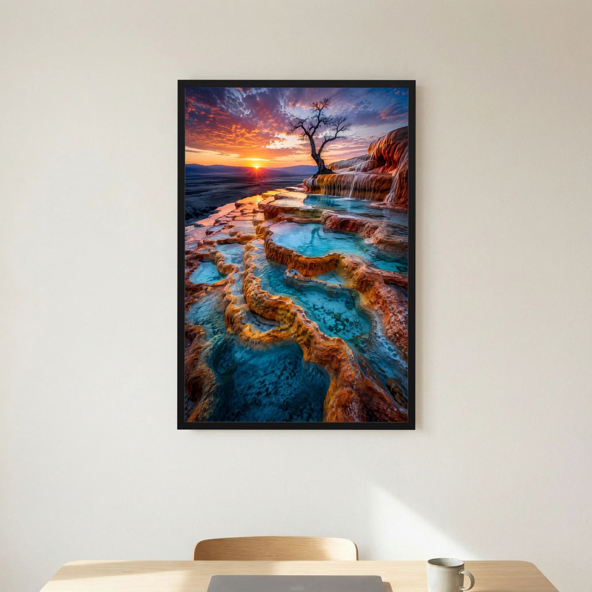 Poster mit türkisem Naturpool auf Felsenterrassen im Sonnenuntergang, schwarzer Rahmen