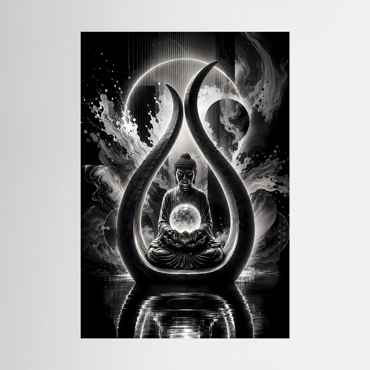 Schwarzweiß-Kunstposter mit sitzendem Buddha, Flammen- und Tropfenmotiv, Vollansicht