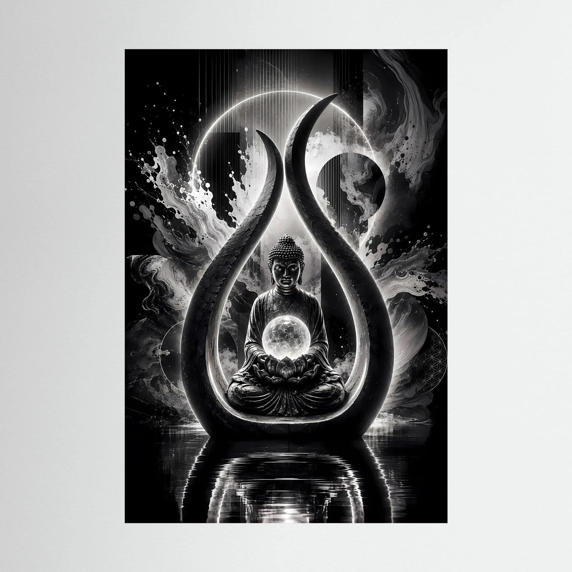 Schwarzweiß-Kunstposter mit sitzendem Buddha, Flammen- und Tropfenmotiv, Vollansicht
