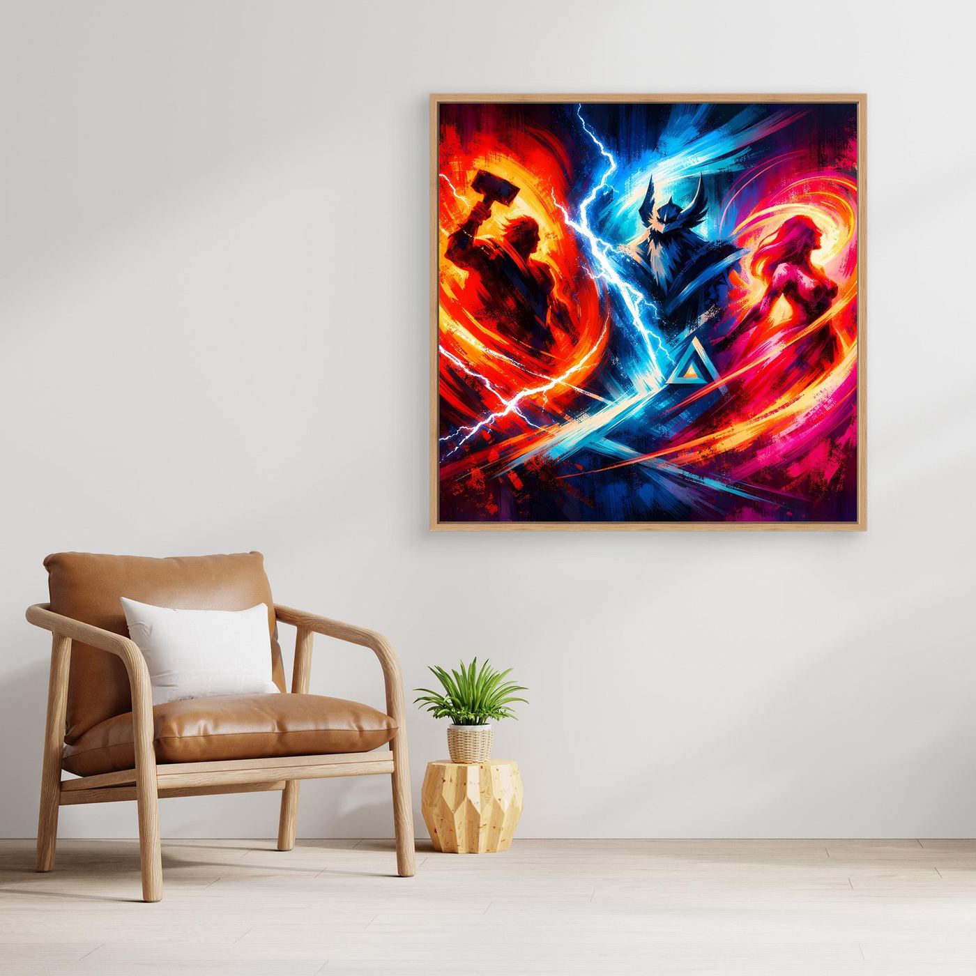 Quadratisches Neon-Fantasy-Wandbild: zentraler Blitz, farbige Kreise in Rot, Blau und Gelb