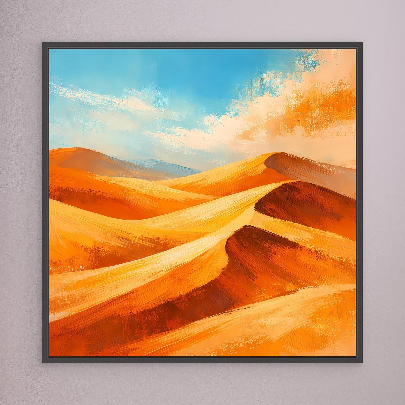 Desert landscape abstract wall art with orange sand dunes and blue sky, black frame