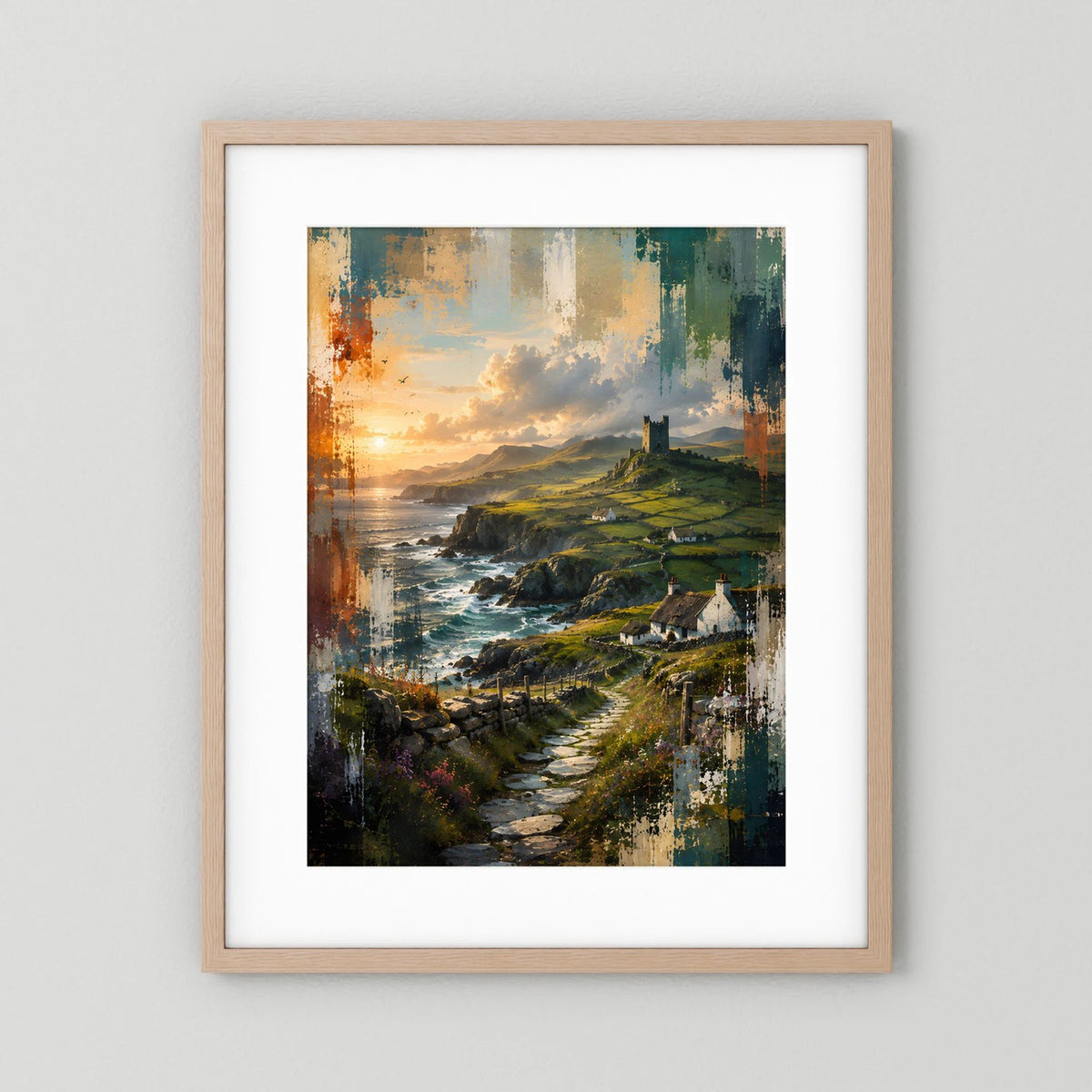 Landschaftsposter im Hochformat mit Küste, Meer und Burgruine, Holzrahmen mit weißem Passepartout