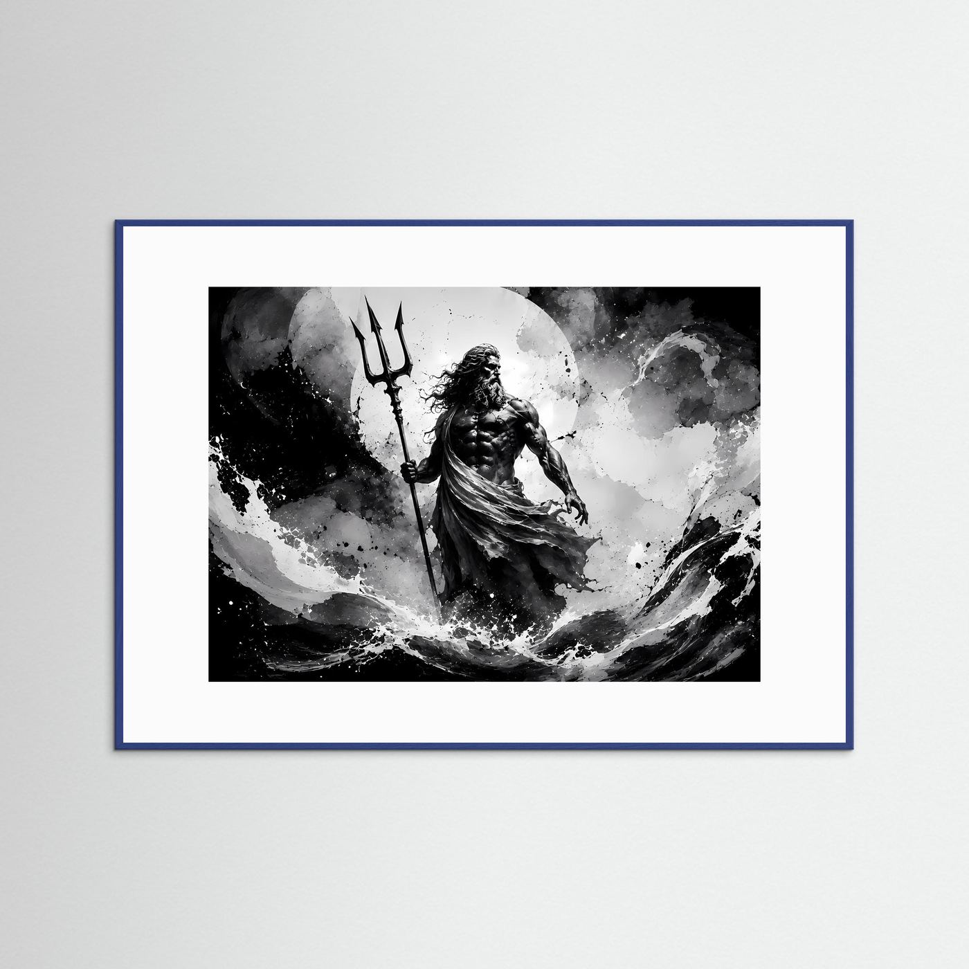 Poseidon Schwarz Weiß Wandbild | Griechische Mythologie Poster | Gott des Meeres mit Dreizack | Monochrome Fantasy Kunst | Moderne Leinwand