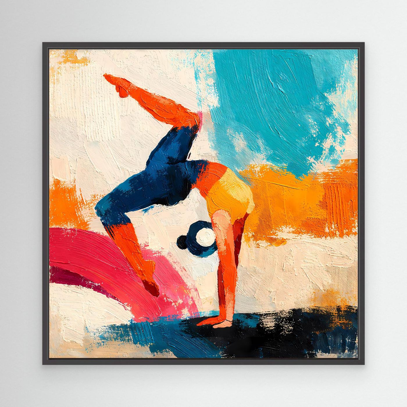 Black-framed abstract yoga handstand wall art with blue, orange, red and teal figure