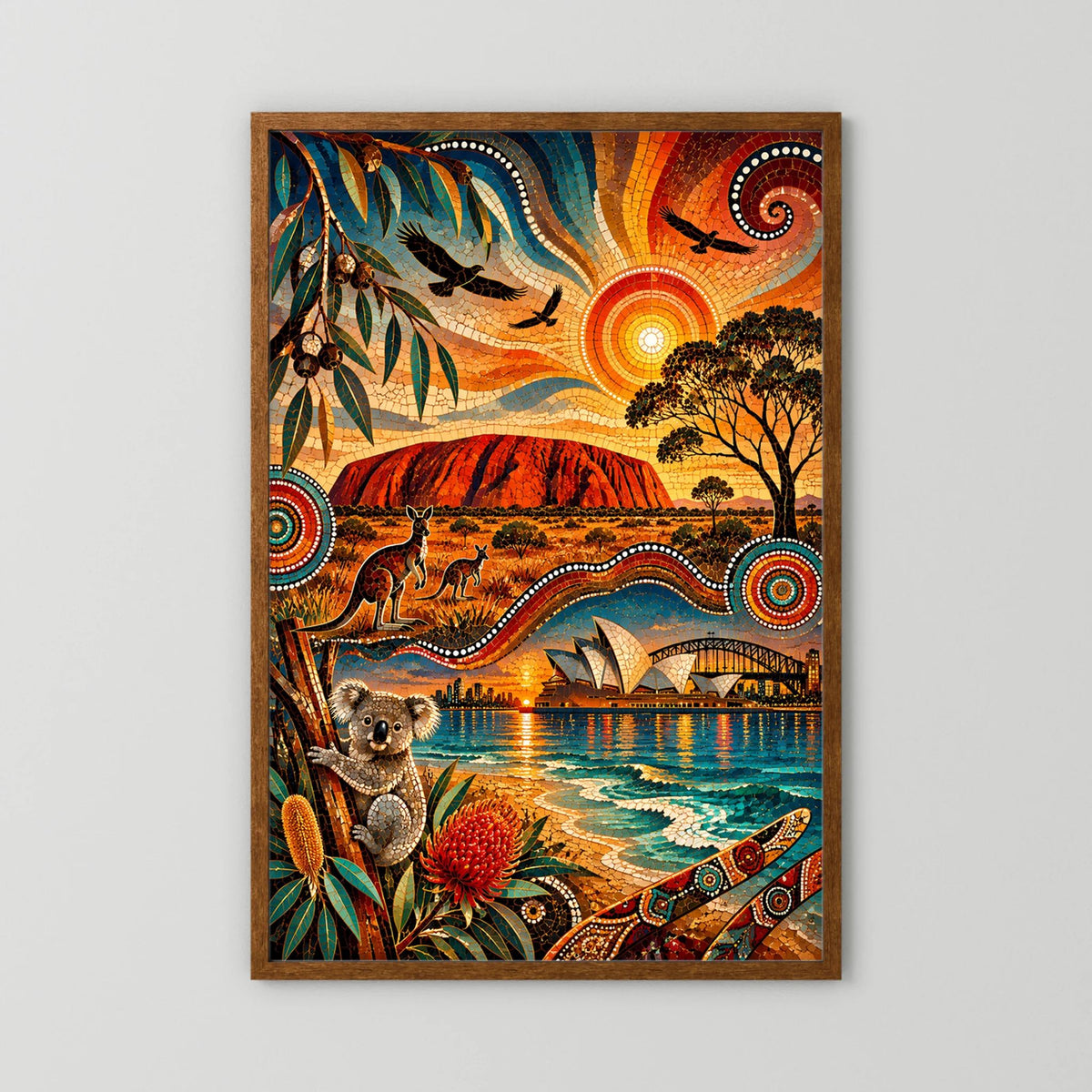 Australien Mosaik | Uluru, Kängurus, Koala & Sydney im Aboriginal-inspirierten Stil | Poster Hochformat