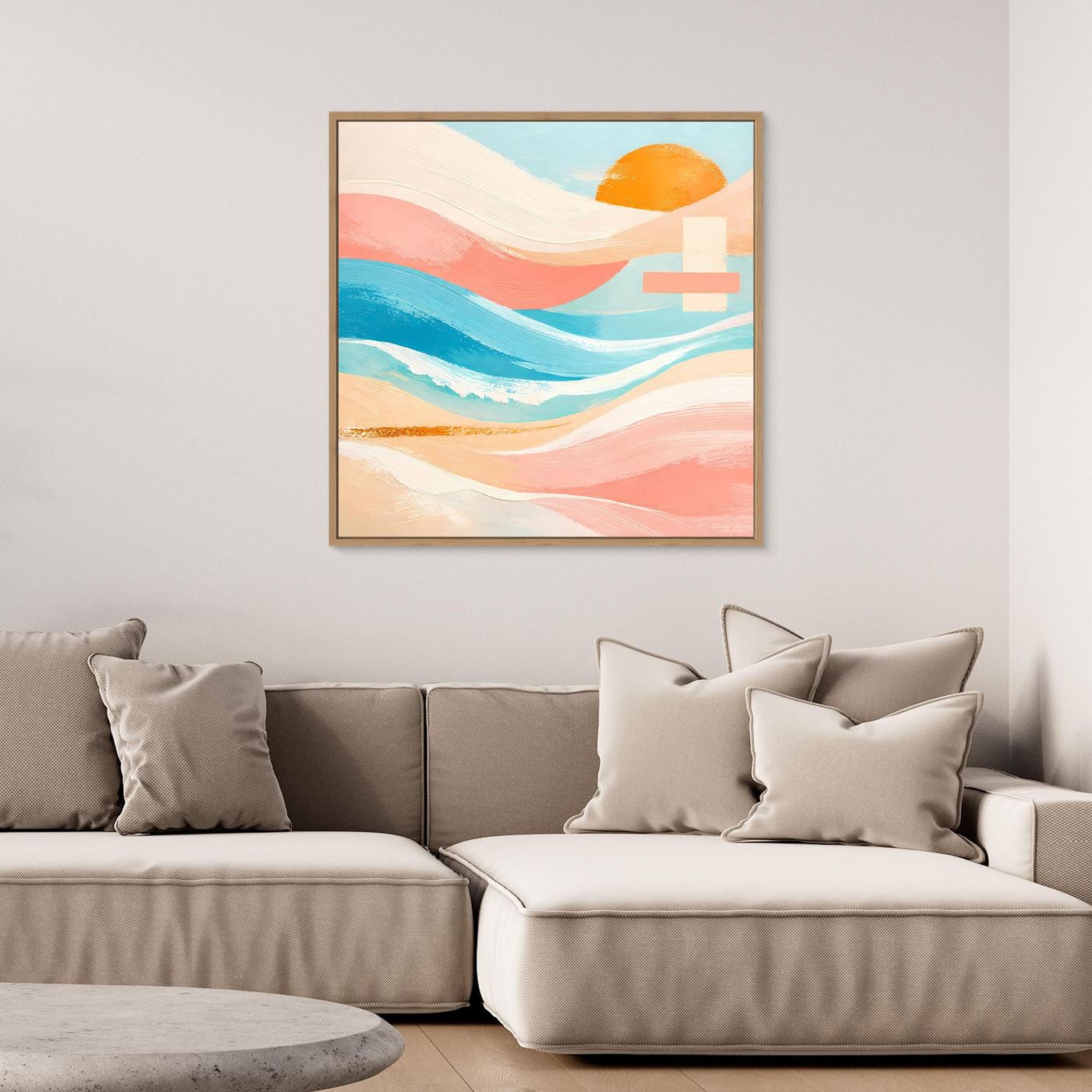 Quadratisches Leinwandbild mit abstrakten Wellen und orangefarbener Sonne in Pastell, Holzrahmen