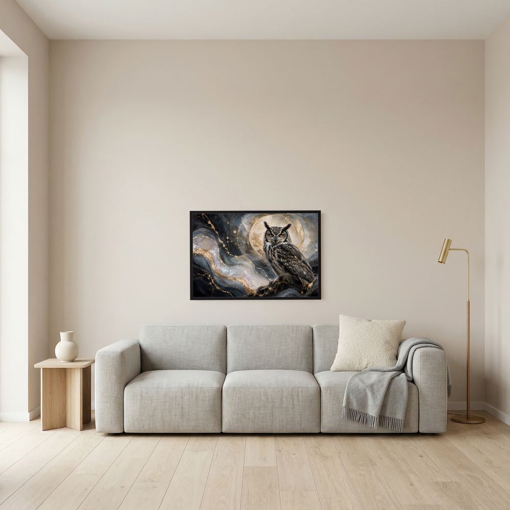 Wandkunst-Poster mit Eule im Mondlicht und goldenen Akzenten, schwarzer Rahmen