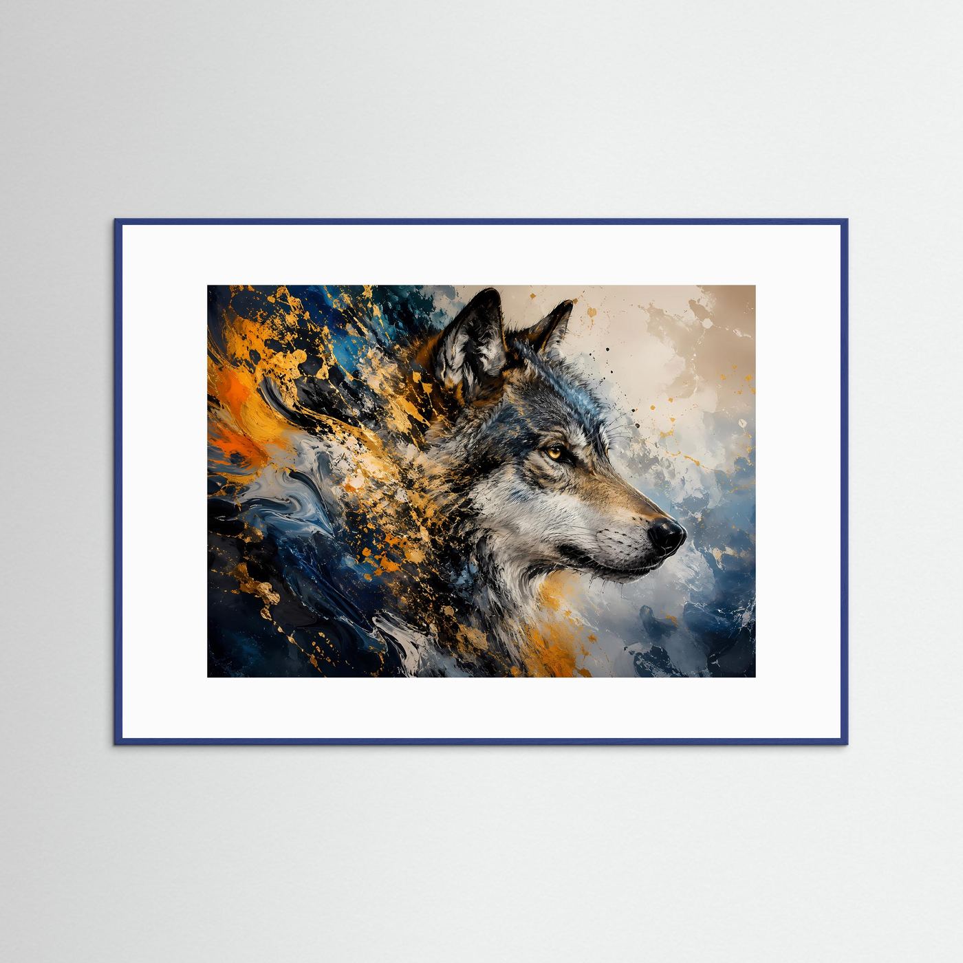 Majestätischer Wolf in Blau & Gold | Abstrakte Tierkunst & Natur Poster Querformat