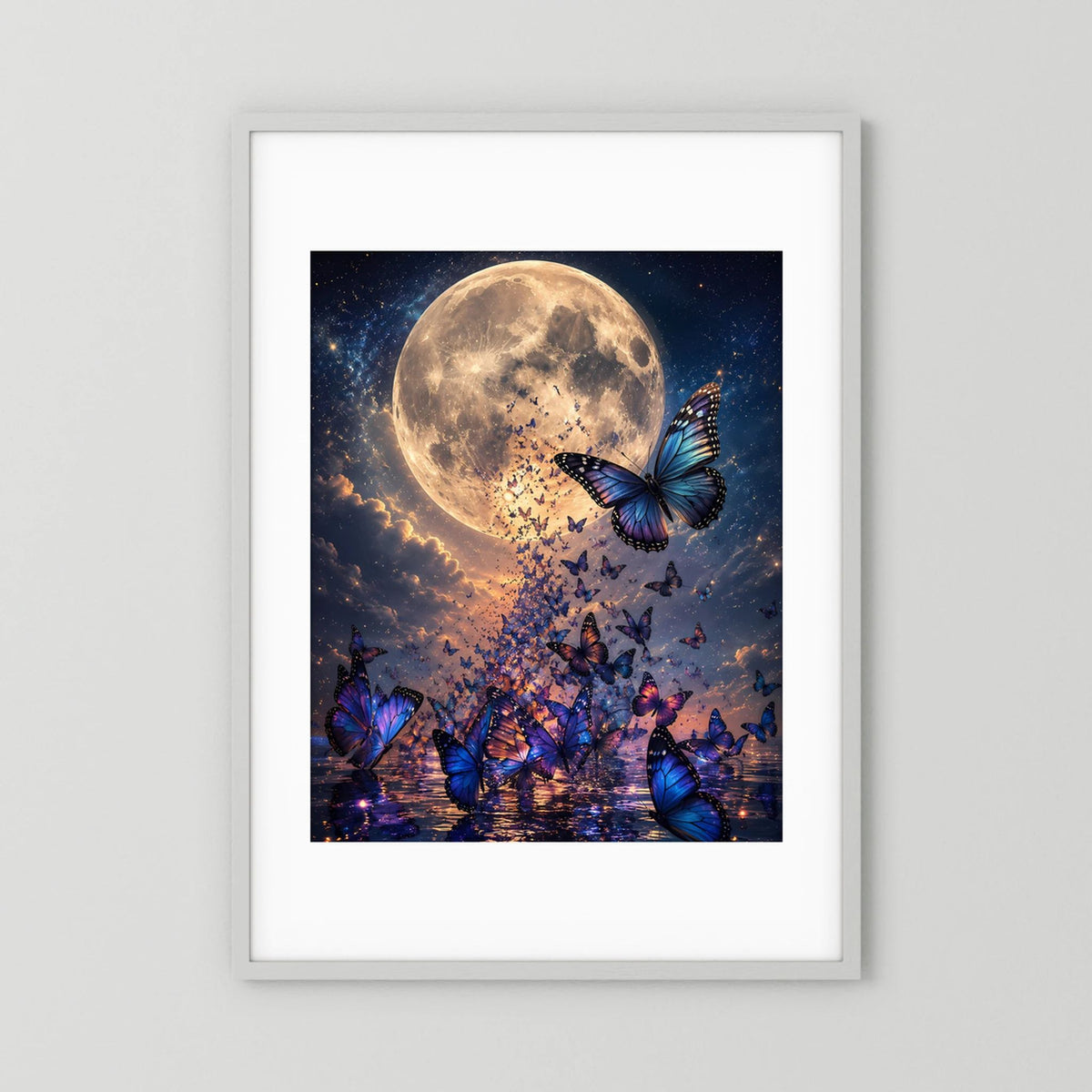 Poster im weißen Rahmen mit weißem Passepartout: goldener Mond und blaue Schmetterlinge