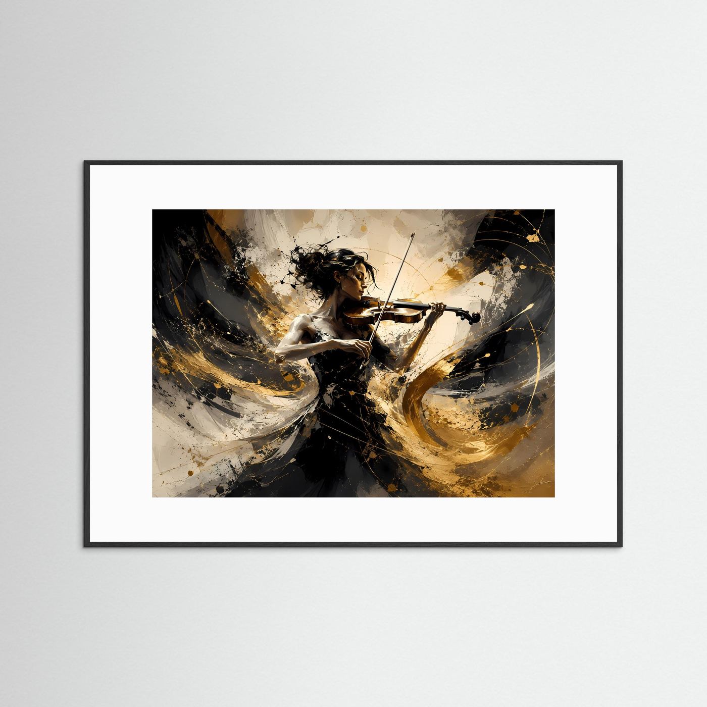 Elegante Geigerin in Gold und Schwarz | Musik & Abstrakte Kunst Wandbild