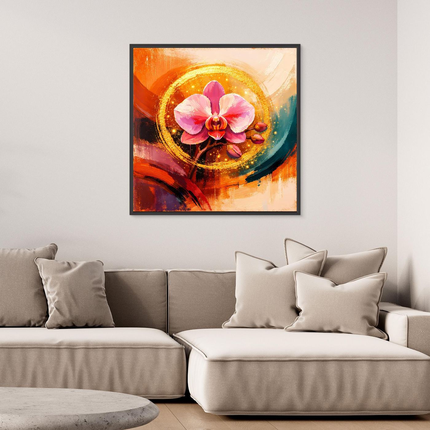 Florales Leinwandbild mit rosa Orchidee und goldener Kreisform, abstrakt, mit schwarzem Rahmen