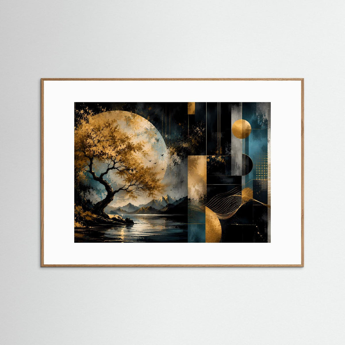 Querformat-Poster: abstrakte Landschaft mit Baum, Mond und geometrischen Formen, brauner Rahmen
