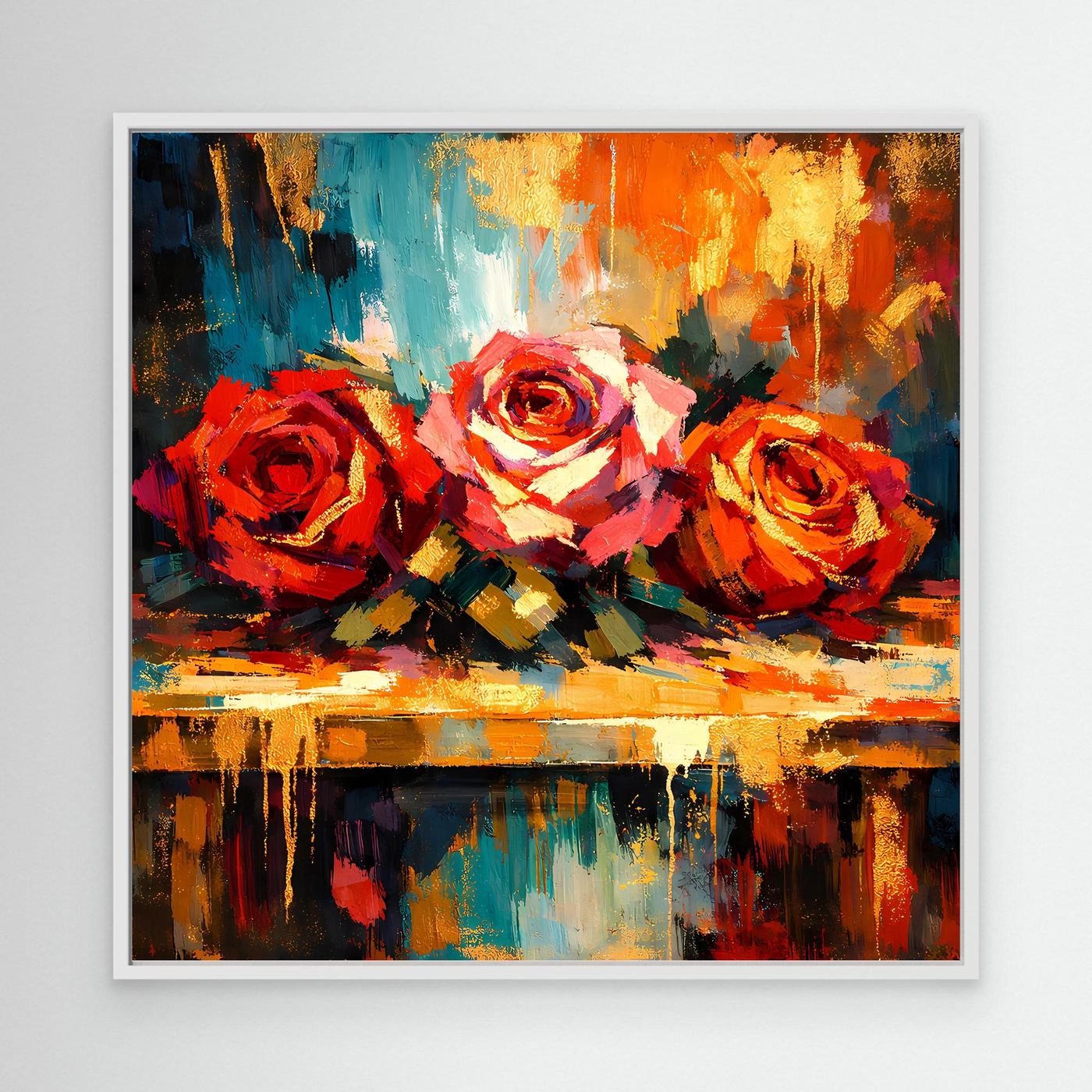 Abstraktes Rosen-Leinwandbild mit bunten Pinselstrichen, weißer Rahmen
