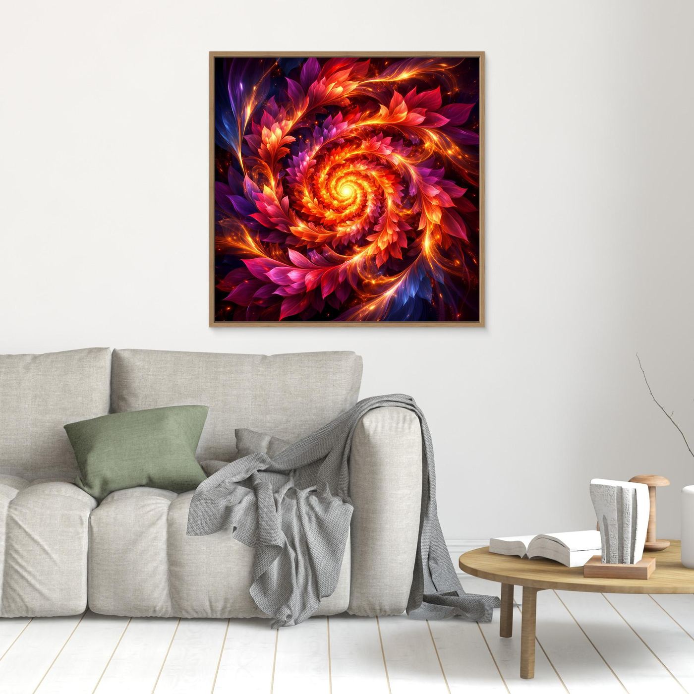 Kleines Leinwandbild mit feuriger Spirale in Orange, Rot, Lila, Holzrahmen