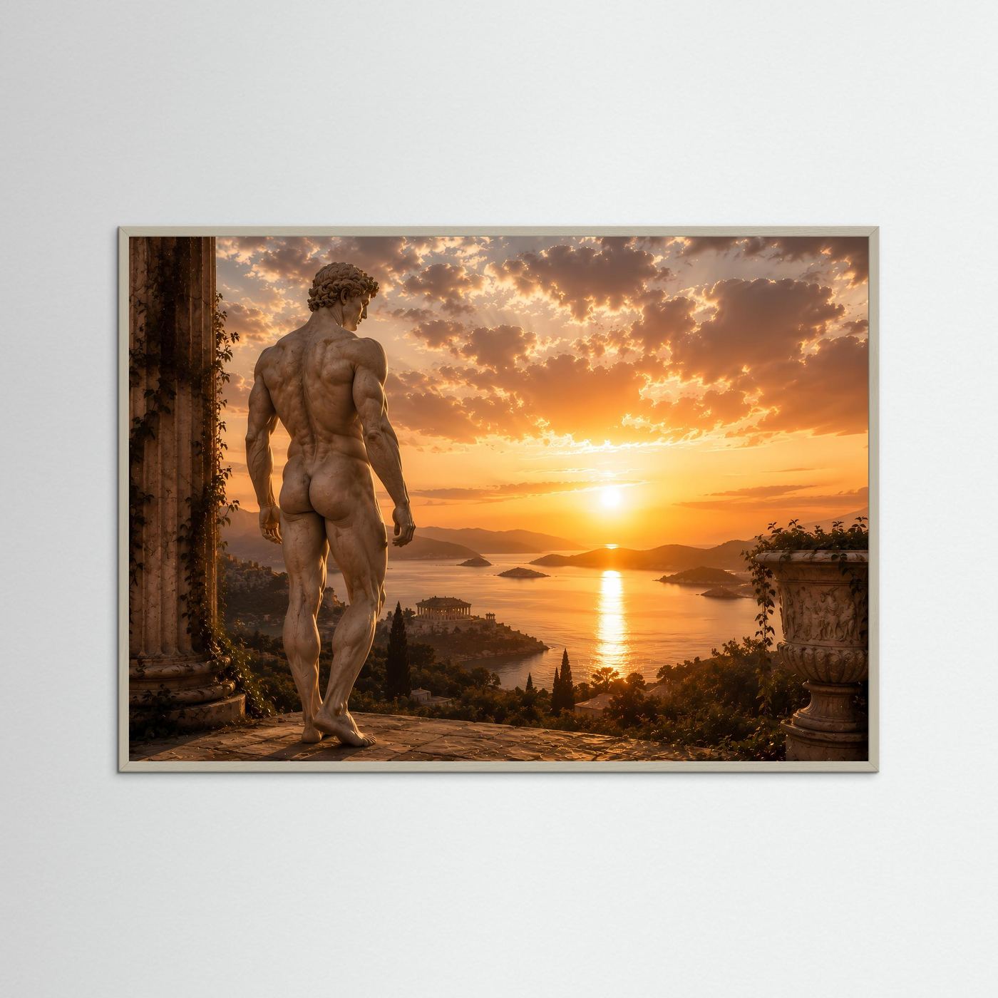 Poster im Querformat mit antiker männlicher Statue, grauer Rahmen