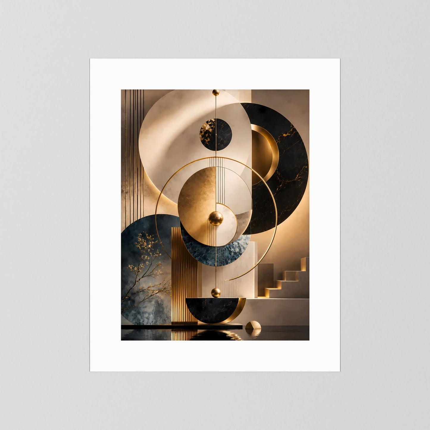 Poster mit abstrakten Kreisen in Gold, Schwarz, Beige & Petrol, Hochformat, ohne Rahmen.