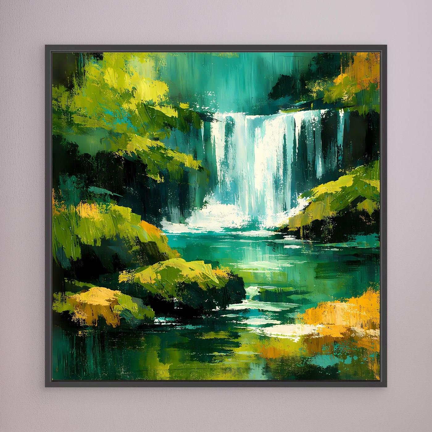 Abstraktes Leinwandbild mit Wasserfall und Dschungelgrün, schwarz gerahmt