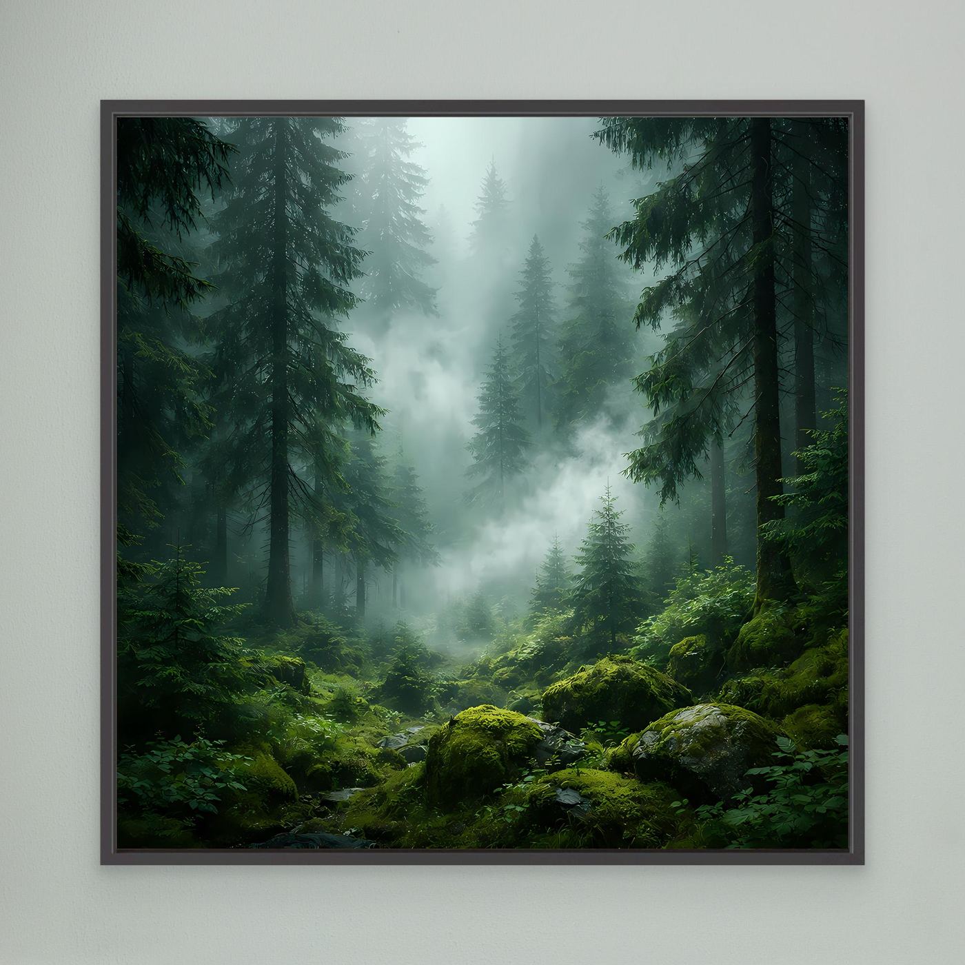 Leinwandbild Grüner Nebelwald mit Tannen, schwarzer Rahmen