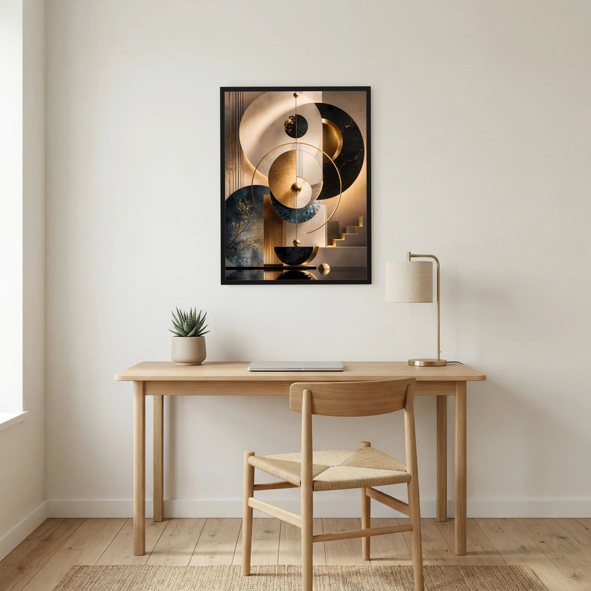 Gerahmtes Hochformat-Poster an der Wand: abstrakte Kreise in Gold, Schwarz, Beige und Petrol