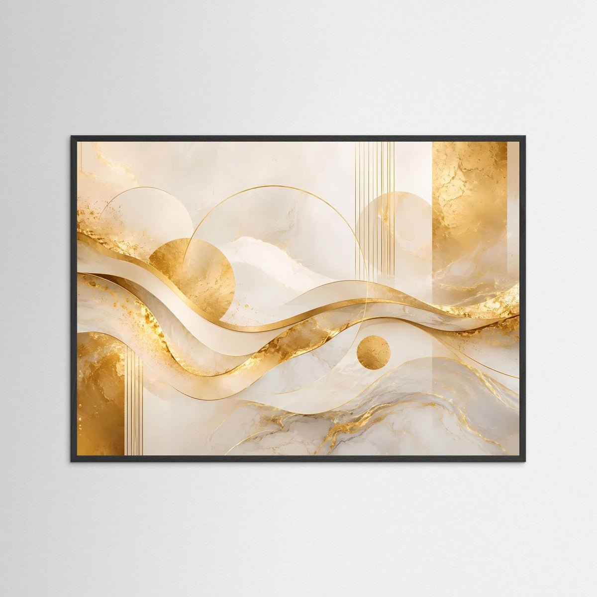 Abstraktes Querformat-Poster im schwarzen Rahmen, Wellen in Creme, Weiß und Gold