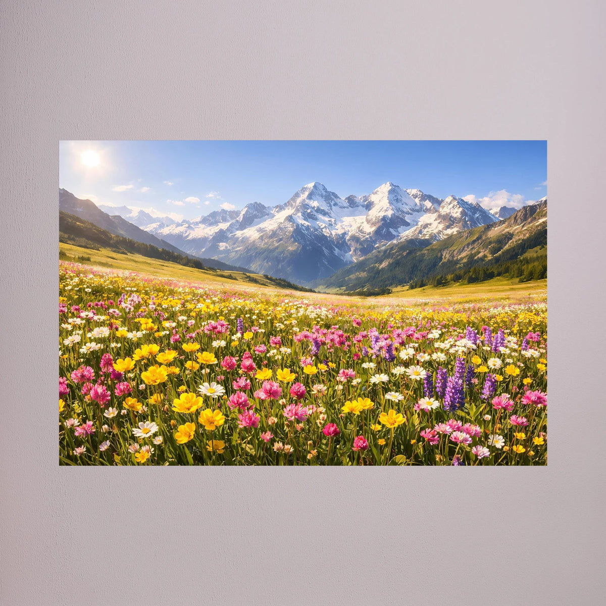 Wandbild mit Alpenblumenwiese und Bergpanorama, großformatig