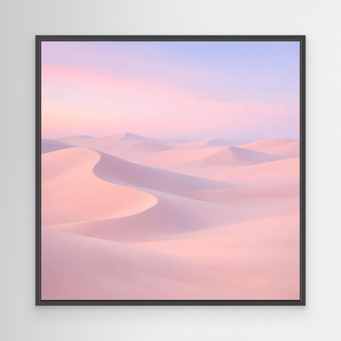 Leinwandbild mit pastellfarbenen Wüstendünen in Rosa und Violett, mit schwarzem Rahmen