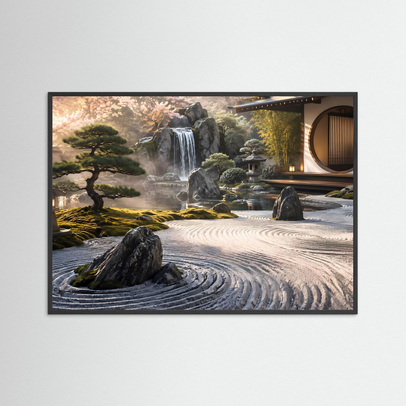 Japanischer Zen Garten Poster | Asiatischer Garten mit Wasserfall | Japan Landschaft Wandbild | Meditationskunst | Moderne Premium Leinwand