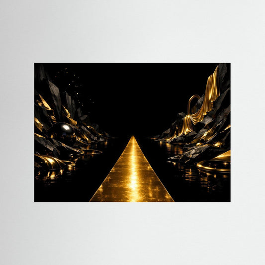 Wandbild Querformat: goldener Weg zwischen dunklen Felsen, leuchtendes Licht im Zentrum.
