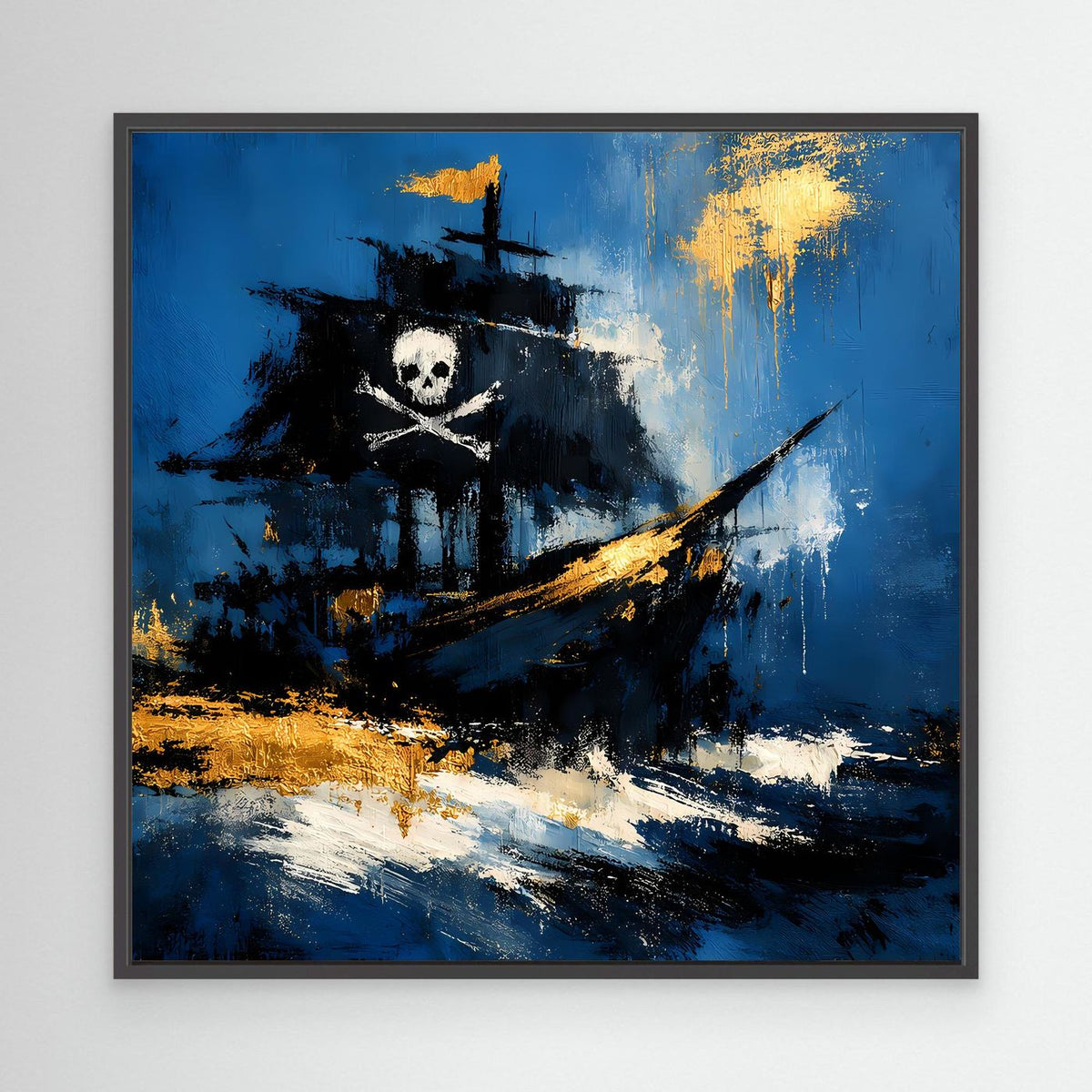 Abstraktes Leinwand-Wandbild mit Piratenschiff, Totenkopf und goldenen Akzenten im schwarzen Rahmen