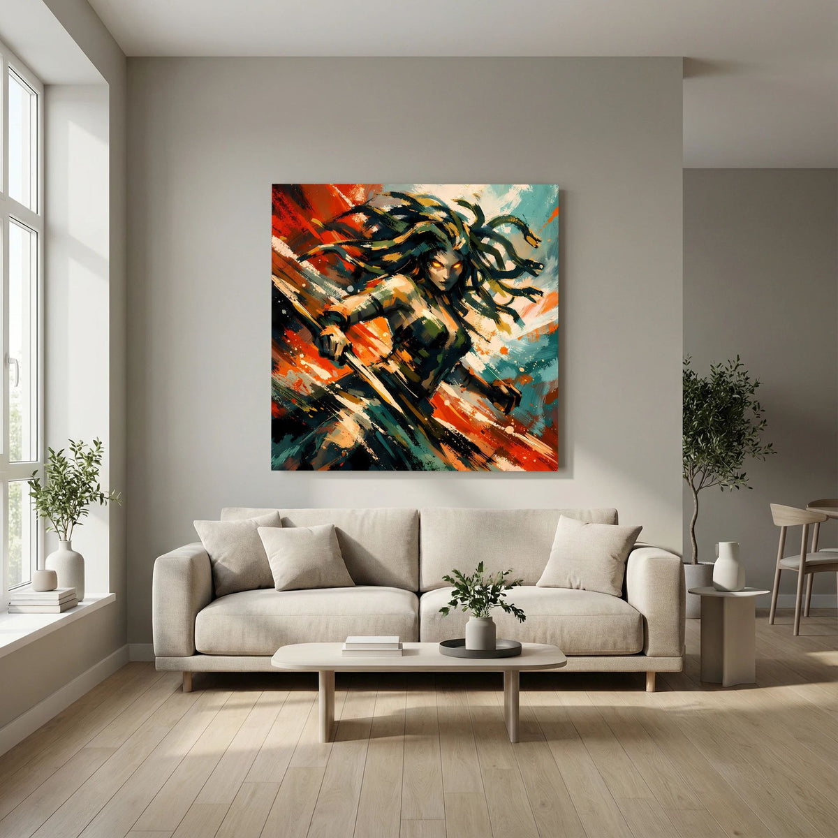 Leinwandbild mit Medusa im Action-Stil, orangefarbene Akzente und dunkle Haarwirbel
