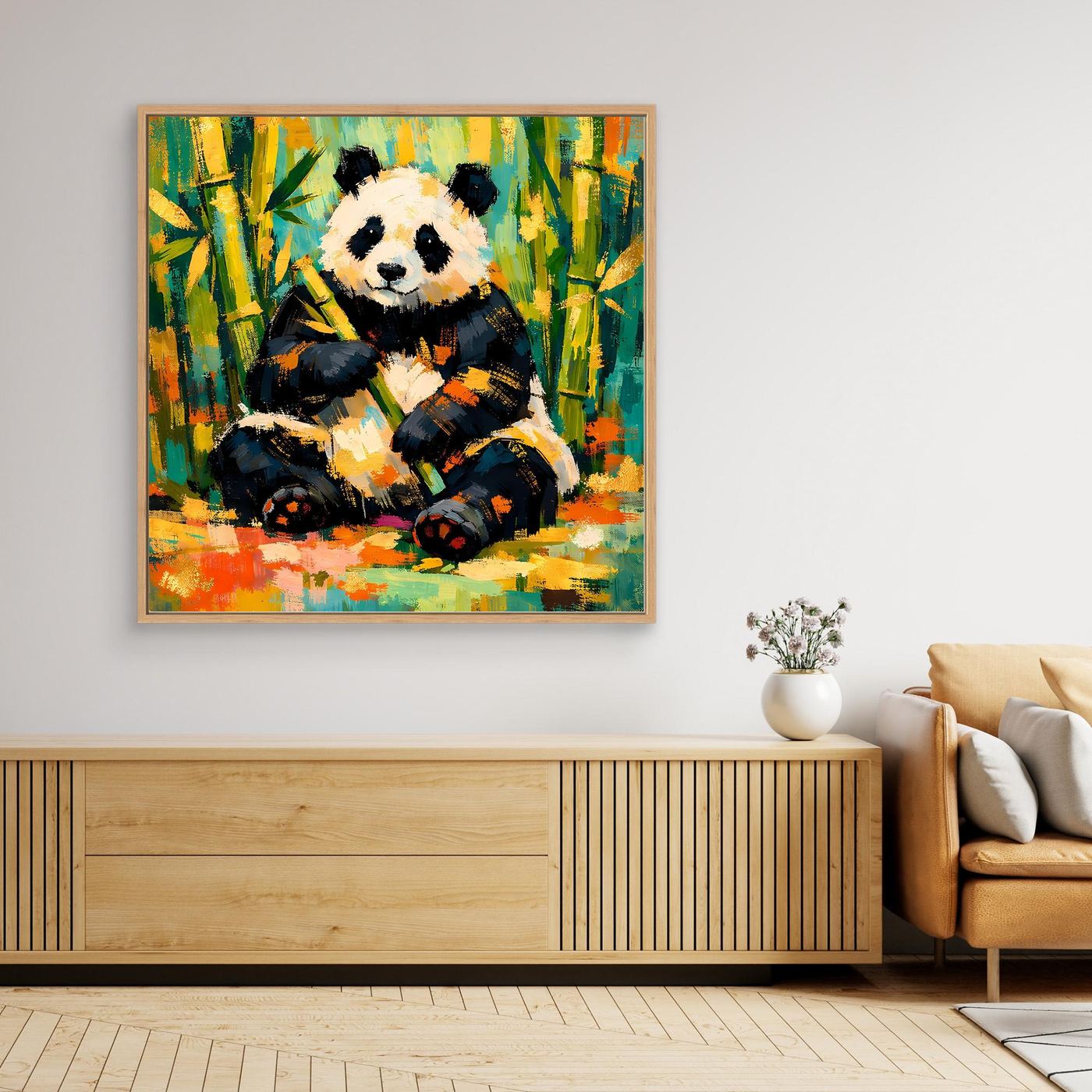 Leinwandbild mit sitzendem Panda im Bambuswald, bunt abstrakt, Eichenrahmen