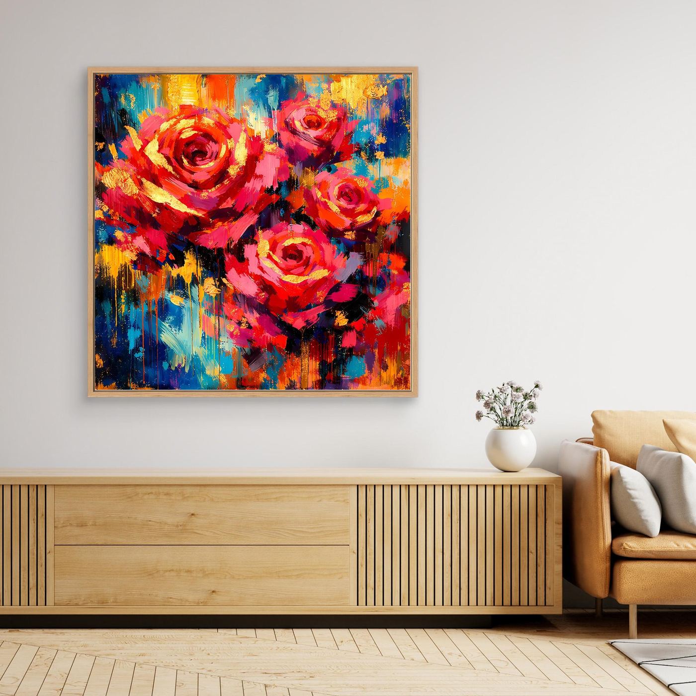 Quadratisches Leinwandbild mit abstrakten Rosen, Farbmix aus Rot, Blau und Gelb, Holzrahmen