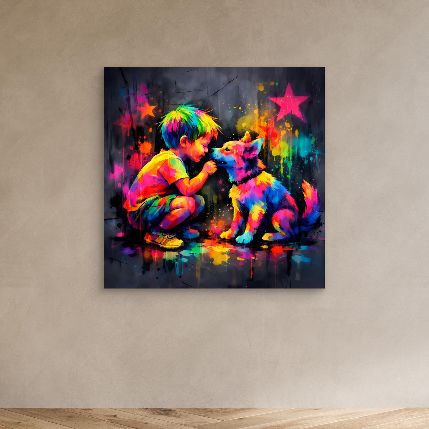 Leinwandbild ohne Rahmen: Kind und Hund im bunten Graffiti, Farbsterne und Spritzer